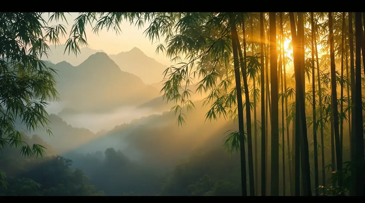 玉米影视 首页背景 - 晨雾中的东方竹林与远山